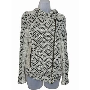 Lucky Brand S Knit Moto Jacket Hoodie Black White Zip Pockets Geometric Boho